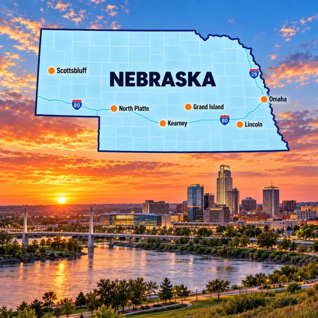 Nebraska Map Over Omaha at Sunset
