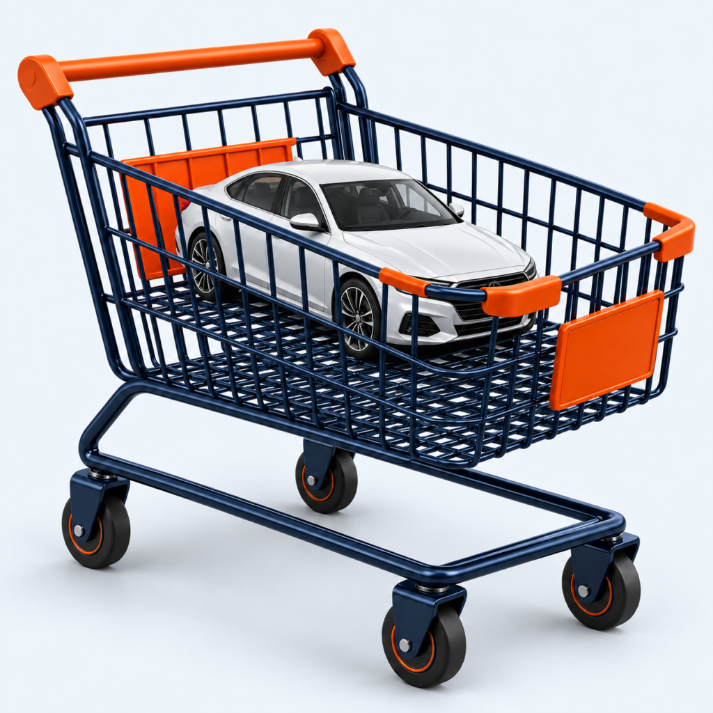 Silver car inside a navy and orange shopping cart