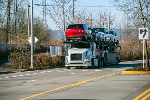 Big rig car hauler semi truck transporting cars on two levels semi trailer driving on divided road Big rig American classic bonnet semi truck with industrial car hauler semi trailer driving on local autumn road with yellow trees going to point of destination for unloading delivered vehicles